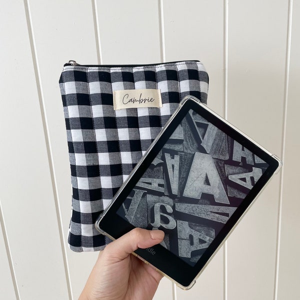 NEW Quilted Black & White Gingham Kindle / E-Reader Sleeve, Kindle / E-Reader Protector, Kindle / E-Reader Pouch with Black Lining