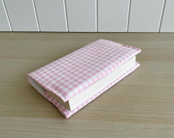 Adjustable Book Cover / Dust Jacket - Baby Pink Gingham Fabric with White Lining
