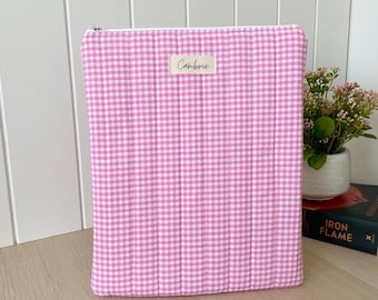 Large Quilted Pink Gingham Book Sleeve, Book Cover, Book Protector, Book Pouch with White Lining