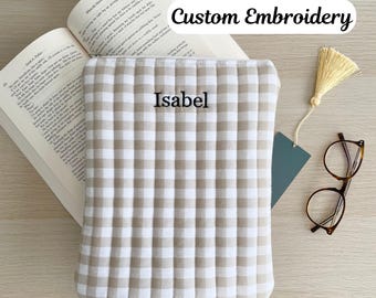 PERSONALISED Quilted Book Sleeve, Book Cover, Book Protector, Book Pouch - Beige Gingham with White Lining