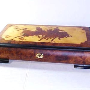 Vintage Reuge Music Jewelry Box: Italian Inlay Wood Chariot Design