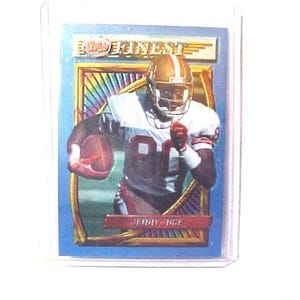 May include: A football trading card featuring Jerry Rice in a white and red uniform, holding a football. The card has a blue background with gold accents and the text "Finest" at the top and "Jerry Rice" at the bottom.