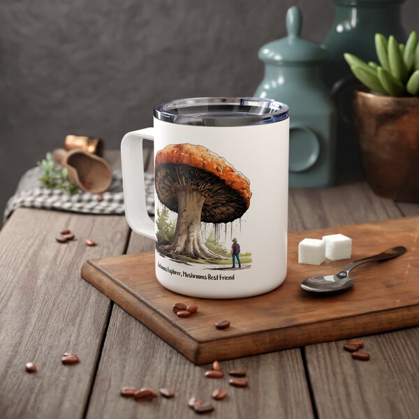 Giant Mushroom Haven: Insulated Coffee Mug with Forest Adventure Design, Stainless steel body, Insulated Glossy finish Coffee Mug, 10oz