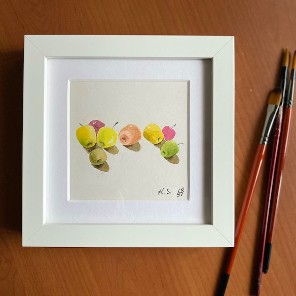 Colorful apples watercolor painting miniature minimalism. Apples watercolor painting miniature painting minimalism
