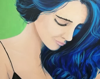 Abstraktes Porträt Frau mit blauen Haaren Acryl auf Leinwand/abstraktes Gemälde auf Leinwand/Acrylgemälde Frauen/handgemaltes Acrylporträt