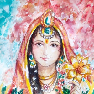 Sri Radharani Portrait Original Artwork Radha Indian Art Watercolor Hindu God Yoga Gift