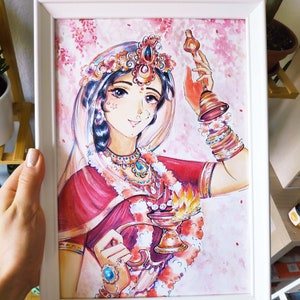 Happy Arati of a Sakhi Sri Radharani Portrait Original Artwork Radha Indian Art Watercolor Hindu God Yoga Gift