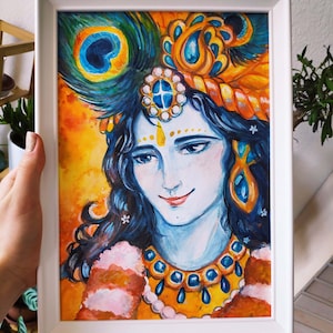 Original Watercolor Sri Krishna Portrait Original Artwork Gopal Govinda Radha Indian Art Watercolor Hindu God Yoga Gift