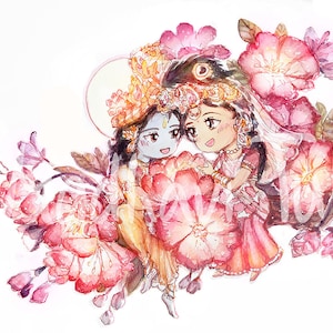 HD File Cute Shri Krishna with Shri Radha, Radha Krishna, in beautiful flowers, 4k High quality wallpaper Bhakti Yoga Hindu Gift Indian Gods