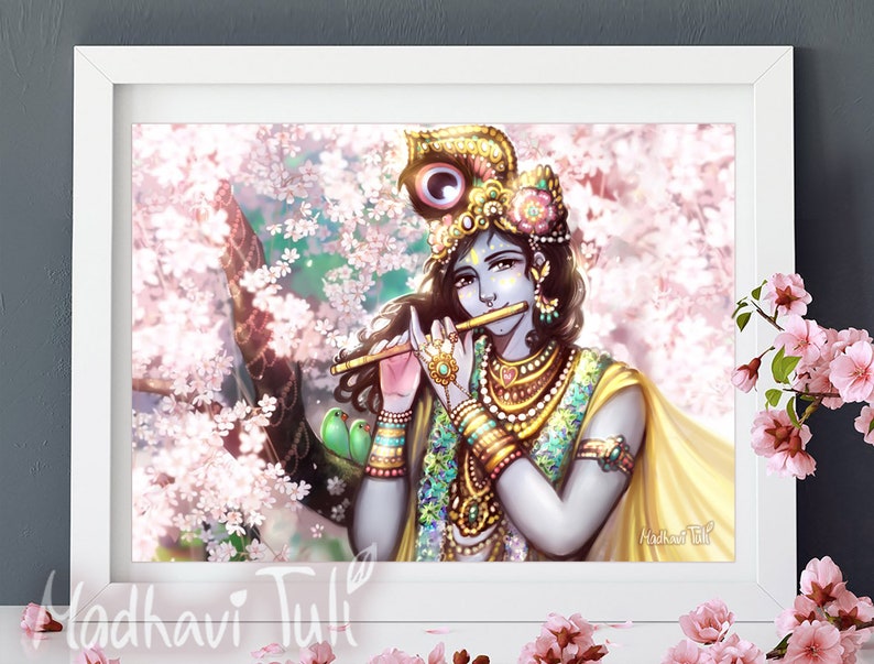 Pequeno Krishna Jugando Flauta Hermosa Bhakti Pared Arte Diosa Etsy