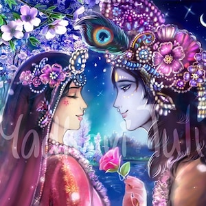HD File Shri Krishna with Shri Radha, Radha Krishna, in beautiful garden, 4k High quality wallpaper Bhakti Yoga Hindu Gift Indian Gods