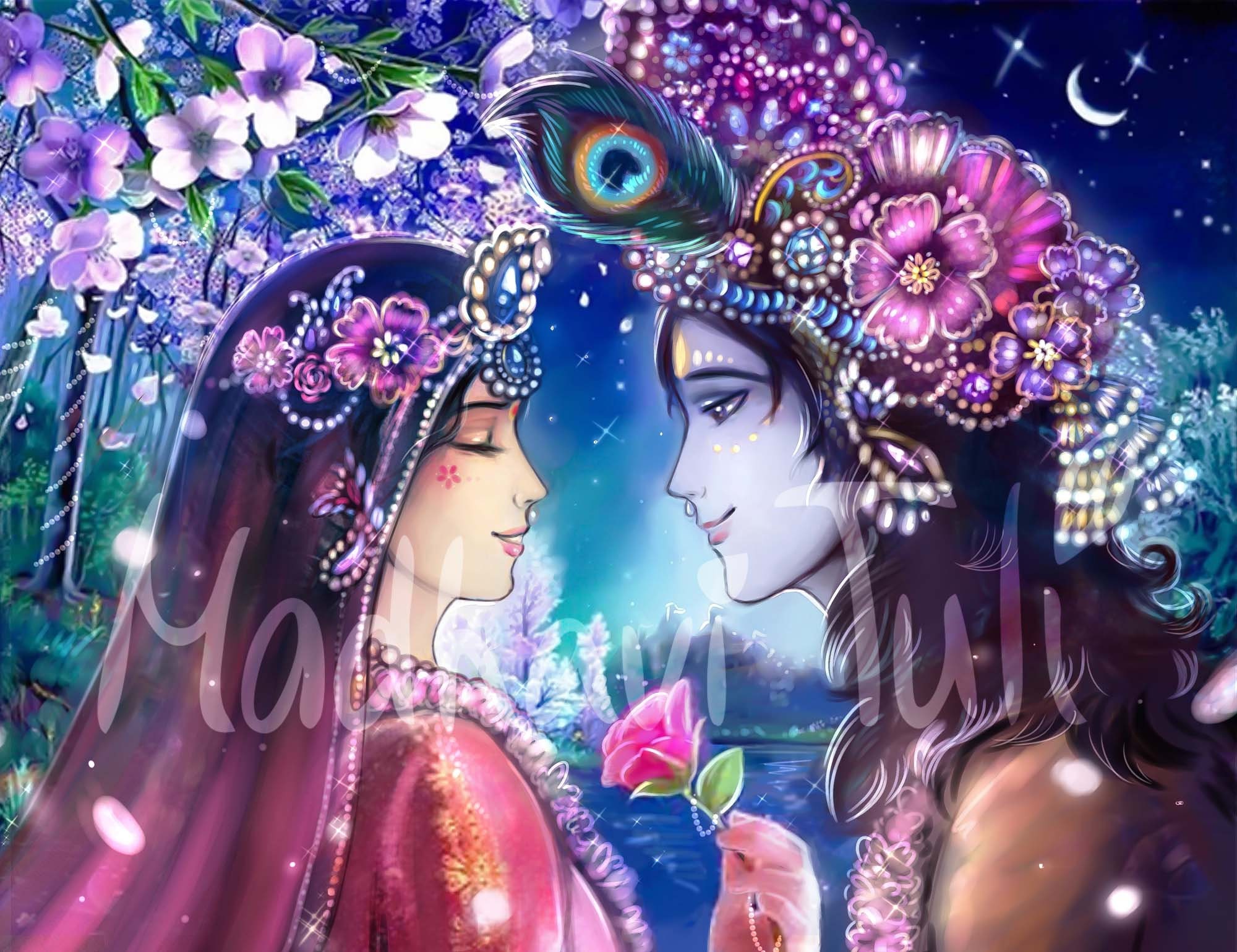 HD Archivo Shri Krishna con Shri Radha, Radha Krishna, en hermoso jardín, 4k fondo de pantalla de alta calidad Bhakti Yoga Hindu Regalo Dioses hindúes