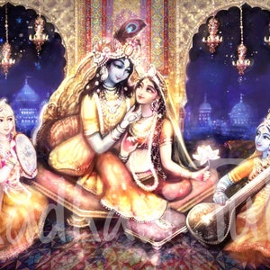 HD File Shri Krishna with Shri Radha in a beautiful palace, Radha Krishna, 4k High quality wallpaper Bhakti Yoga Hindu Gift Indian Gods