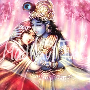 HD File Shri Krishna with Shri Radha, Radha Krishna, in beautiful garden, 4k High quality wallpaper Bhakti Yoga Hindu Gift Indian Gods