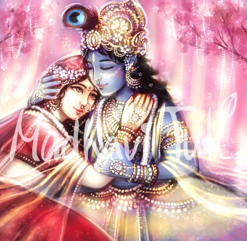 May include: A digital painting of a couple embracing. The woman is wearing a red and gold sari, and the man is wearing a blue and gold outfit. They are surrounded by pink flowers and a glowing light.
