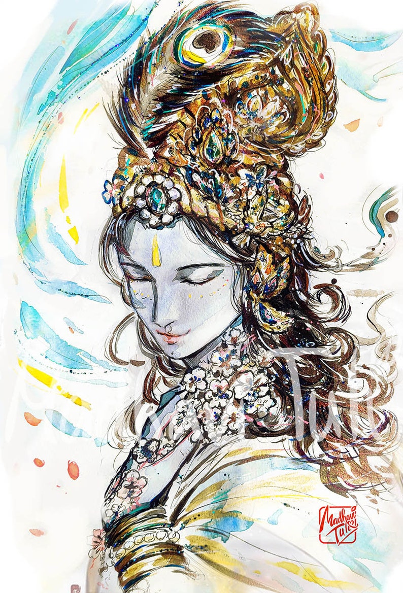 May include: Watercolor painting of a person with long dark hair wearing a gold and blue headdress with a peacock feather. The person has their eyes closed and is looking down. The background is a light blue and white watercolor wash.