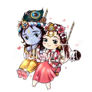 HD File cute Shri Radha Krishna, Kawaii Anime Radha Krishna Wall Art, 4k High quality wallpaper Bhakti Yoga Hindu Gift Indian Gods