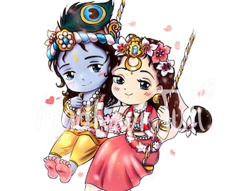 HD-Datei niedlich Shri Radha Krishna, Kawaii Anime Radha Krishna Wandkunst, 4k hochwertige Tapete Bhakti Yoga Hindu Geschenk indische Götter