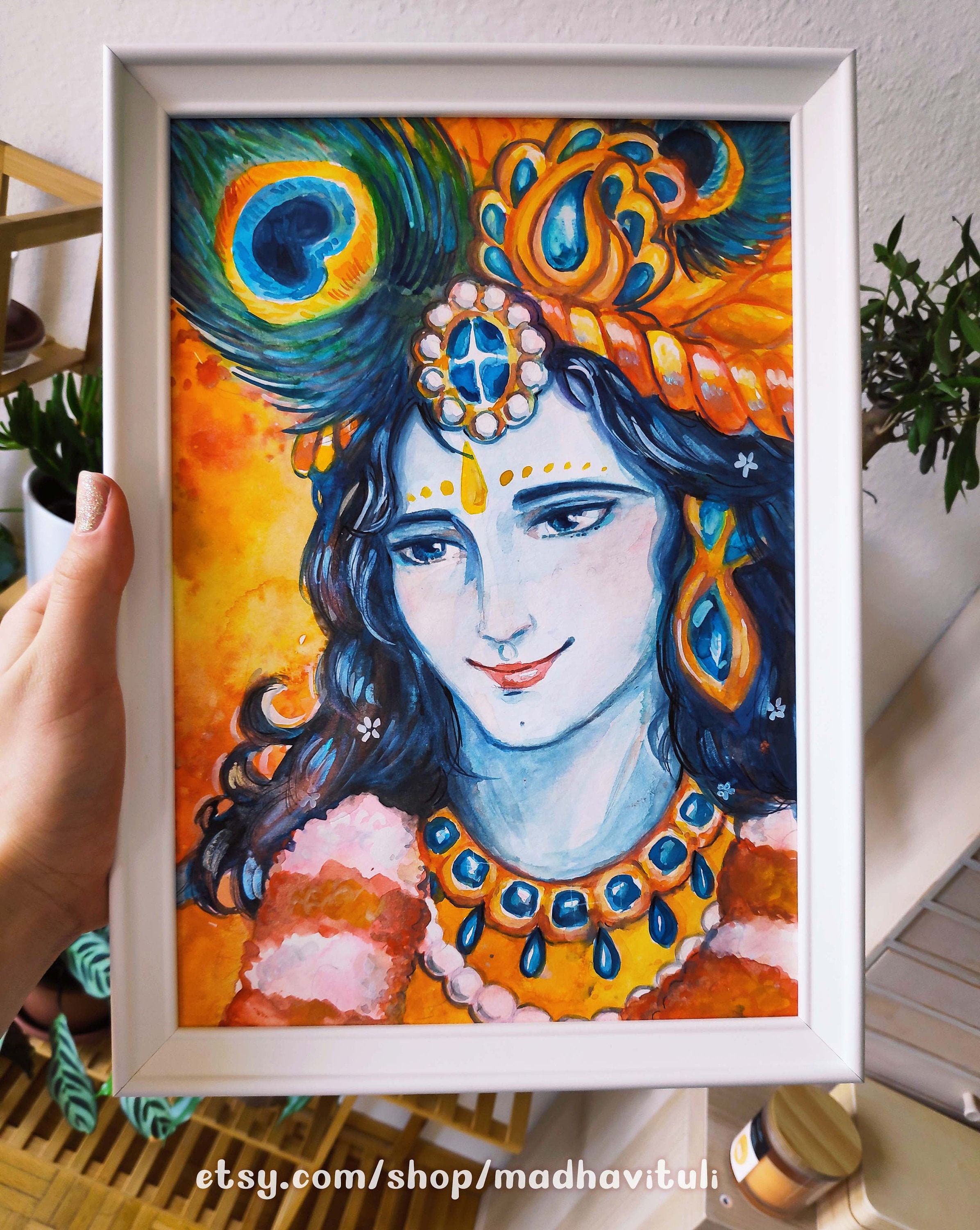 Original Watercolor Sri Krishna Portrait Original Artwork Etsy