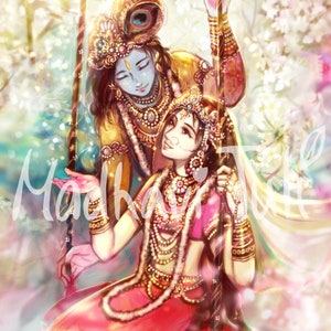 HD File Shri Krishna with Shri Radha, Radha Krishna, in beautiful garden, 4k High quality wallpaper Bhakti Yoga Hindu Gift Indian Gods