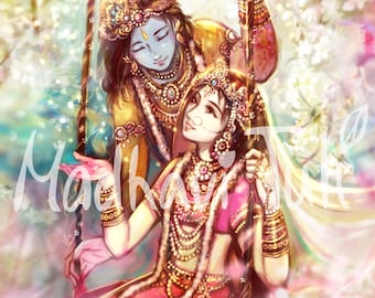HD-Datei Shri Krishna mit Shri Radha, Radha Krishna, in schönen Garten, 4k hochwertige Tapete Bhakti Yoga Hindu Geschenk indische Götter
