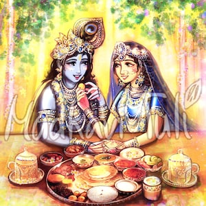 HD File Shri radha feeding Shri Krishna in yellow beautiful garden 4k High quality wallpaper Bhakti Yoga Prasadam