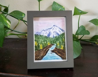 Encadré Mountain Sunset River Original Mini Aquarelle Painting, Nature Landscape Home Decor