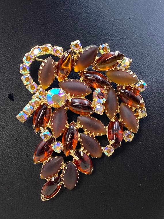 Vintage Amber Rhinestone Glass AB Gold Toned Brooch