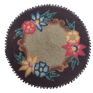 Vtg  Dollhouse Loop Hooked Rug 5.5" Round Miniature Floral Coaster Doily Brown