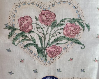 Vtg Floral  Tea Heart Tea Towel Stevens Linen NOS Made In USA 80s Cottagecore