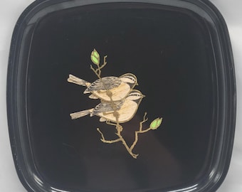 Vtg Couroc Black Square Tray Inlaid Sparrow Bird Design 8.5"x8.5" MCM Nature