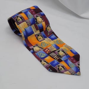 Vtg Gildas Club Colorful Silk Necktie Abstract Faces Patchwork USA Novelty