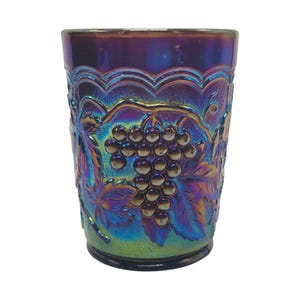 Vtg Carnival Amethyst Glass Tumbler Imperial Grape Vine Design Iridescent Purple