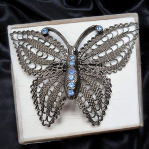 Vintage Filigree Butterfly Brooch With Blue Rhinestones 3&quot; Silver Tone