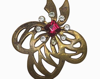 Vintage Brass-Tone Brooch With Red & Clear Rhinestones Floral Design Mid-Century  Jewelry