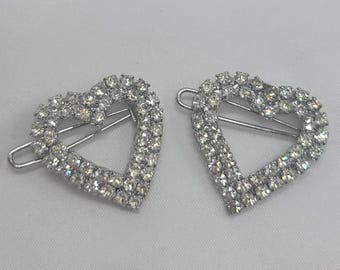 Vtg Open Heart Hair Clips Set Of 2 Clear Rhinestone Sparkle Bridal Accessories 1"