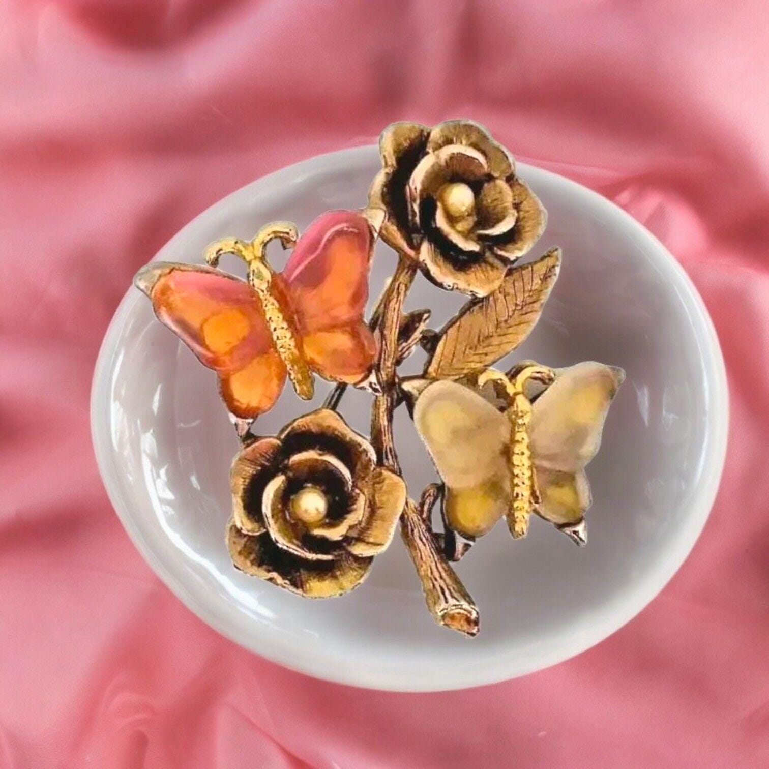 Lia❤︎  Vtg Signed LIA Butterfly Flower Brooch Pin Gold Tone and