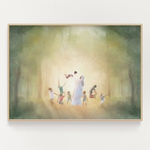 Lámina artística de Jesucristo: Jesús sonriente jugando con niños (Descarga digital)