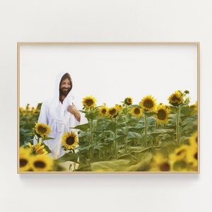 Jesus Christ Fine Art Printable - Sunflower Field - LDS Art - Happy Jesus - Smiling Jesus - Laughing Jesus - Be Of Good Cheer
