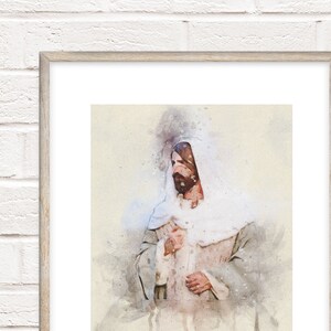 May include: A watercolor painting of a person wearing a white robe and a white head covering. The person is holding a small white object in their hands. The background is a light blue watercolor wash.