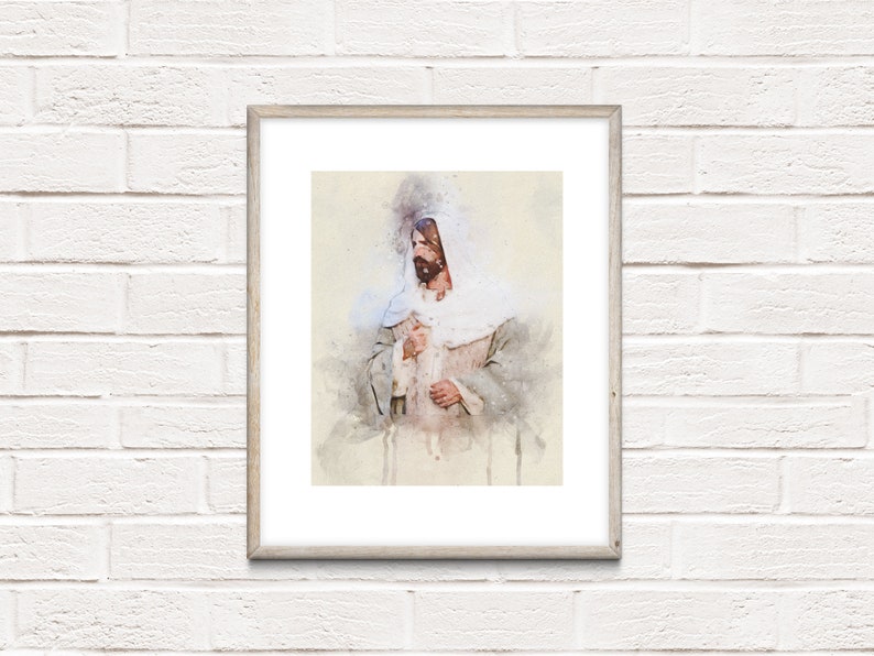 May include: A watercolor painting of a person wearing a white robe and a white head covering. The person is holding a small white object in their hands. The background is a light blue watercolor wash.