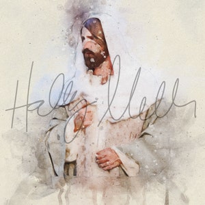 May include: A watercolor painting of a man wearing a white robe. The painting has a soft, ethereal feel and is reminiscent of a religious figure.