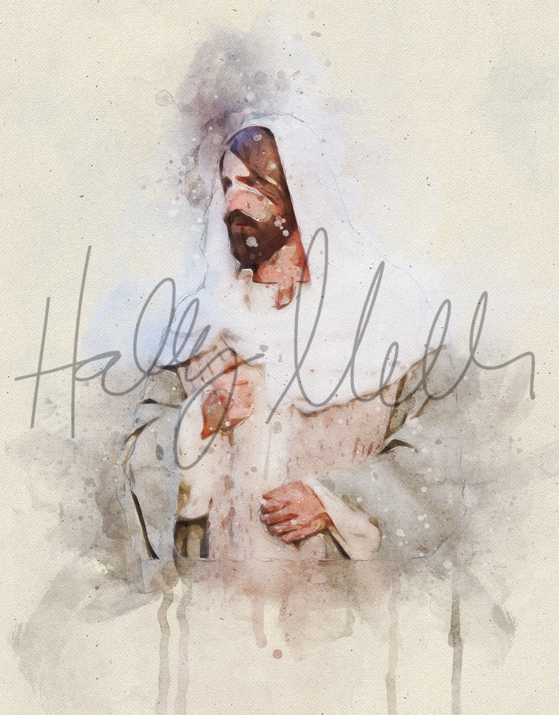 May include: A watercolor painting of a man wearing a white robe. The painting has a soft, ethereal feel and is reminiscent of a religious figure.