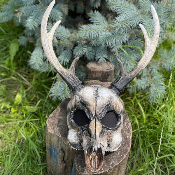 Deer Skull Mask / Animal Skull Wall Decor / Halloween Mask / Ready Skull Mask with Horn / Bone Wendigo Mask / Ritual Skull Head with Antlers