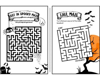 May include: Two black and white Halloween maze puzzles. The first maze features a spider and the text "Lost in Spooky Maze". The second maze features a tree and the text "Fall Maze".