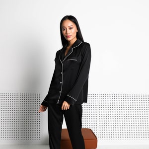 Black Silky Pajama Set: Long Pants Sleepwear