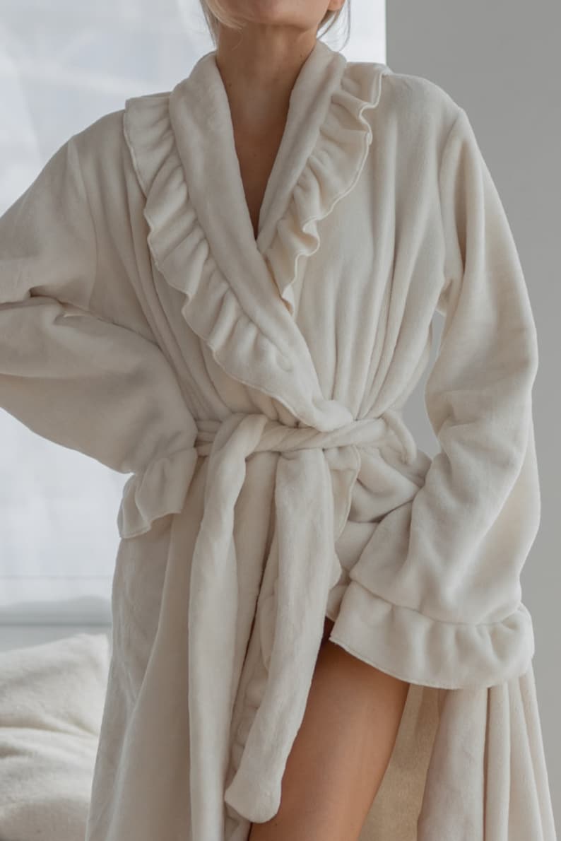 Tiring Robe Plush Terry Robe: Long Ruffle Trim Dressing Gown - Etsy