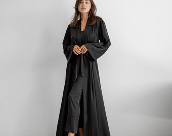 Robe silk Armani Black, Long Sleeve, Black Women Robe, Comfy Homewear, Long Robe, Light Women Robe