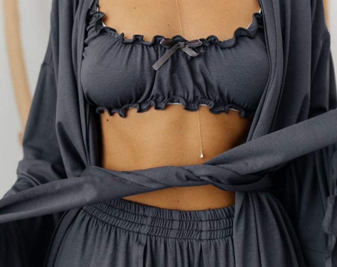 Gray Knit Pajama Set: 3-Piece Lounge Robe, Top & Pants