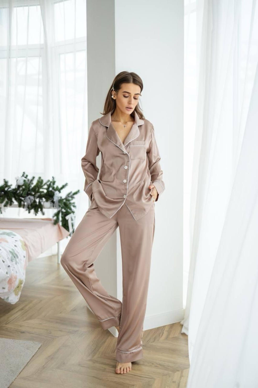 Beige Armani Silk Pajama Set: Elegant Women's Loungewear - Etsy